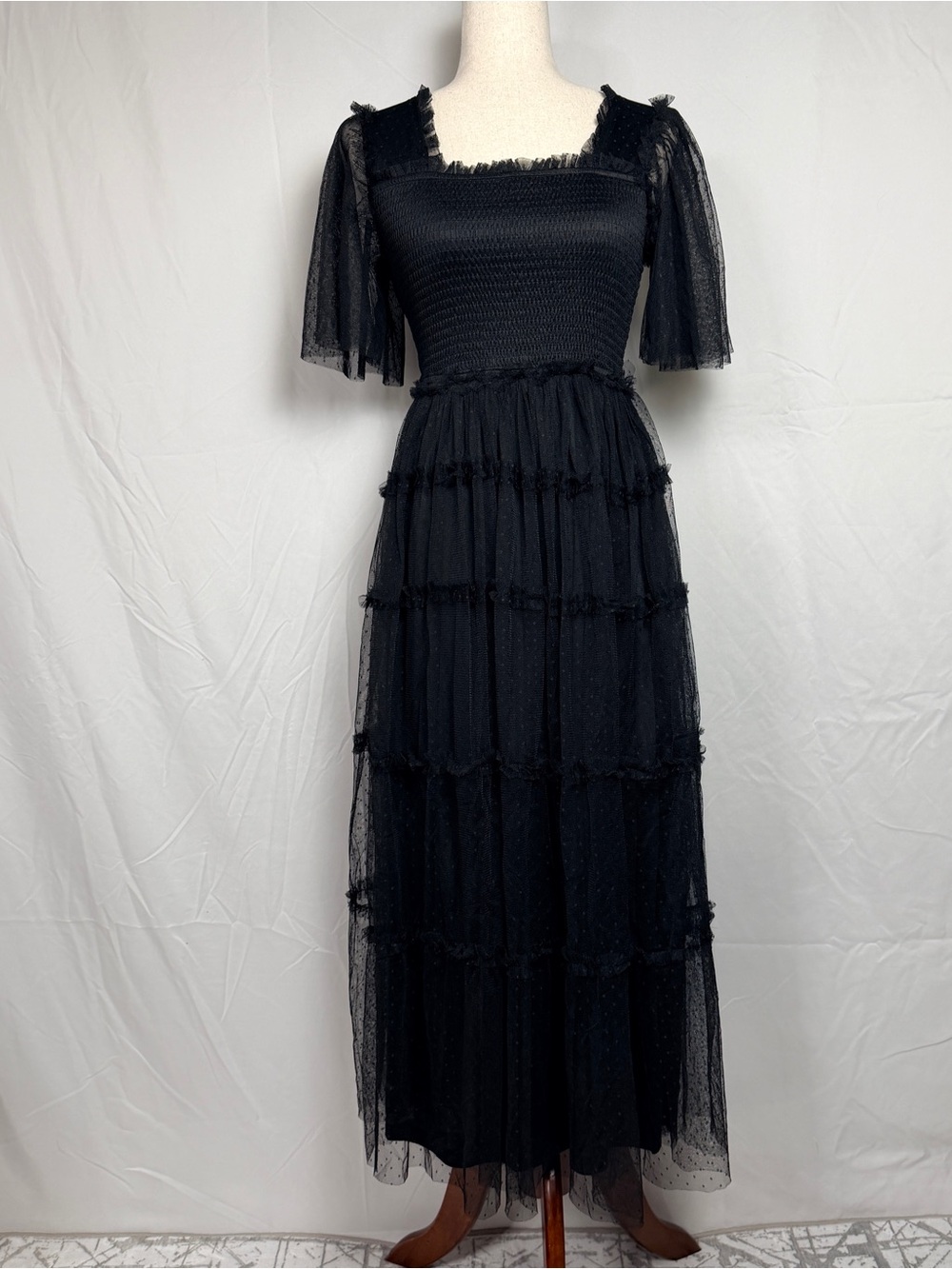 Dress Day Black Tiered Mesh Maxi Dress, whimsygoth, dark romantic, witchy, NWT